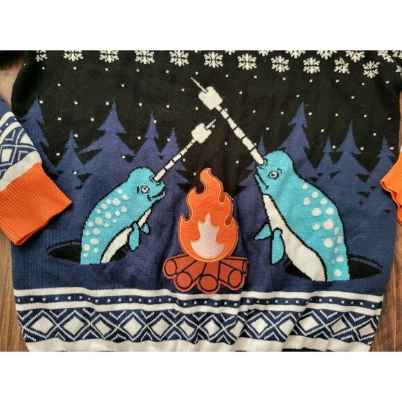 NWOT Fun.com Narwhal Blue Orange Crewneck Novelty Sweater Unisex Size L - Picture 2 of 6